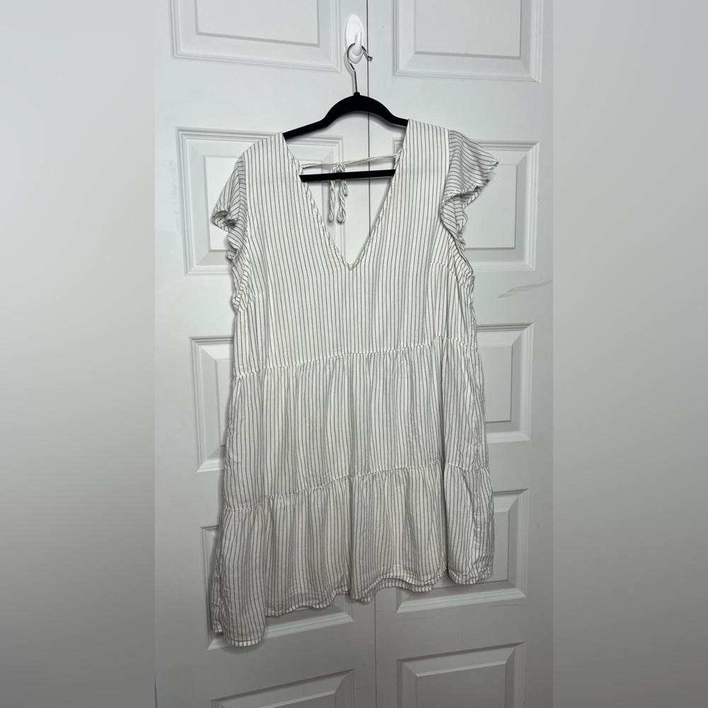 Abercrombie & Fitch Striped Mini Dress XL White Blue Flutter Sleeve Tiered